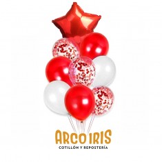 Globo Set Premium Rojo/blanco X 9 - Mylar Estrella Perlado Cristal Cinta Y Confeti Navidad