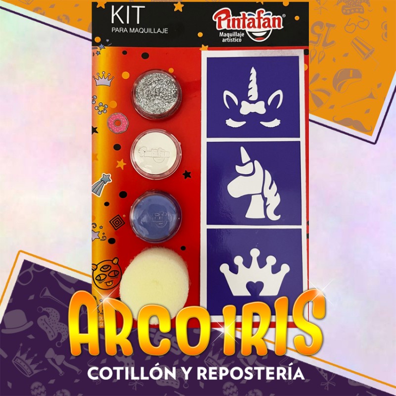 Kit Unicornio Acua- Kit Para Maquillaje-2 Maquillaje-1 Glitter-esponja- stencil. - Cotillón Arco Iris